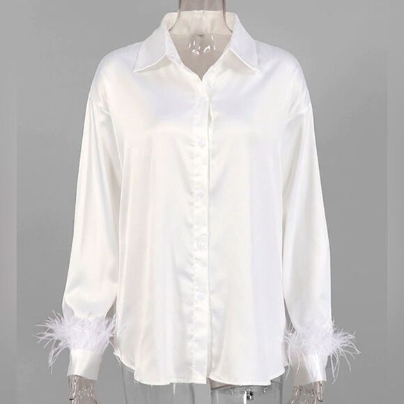 BULULU Resort Wear Satin White Button-Up Blouse with Feather Cuffs NWOT SZ S/M - Picture 1 of 8